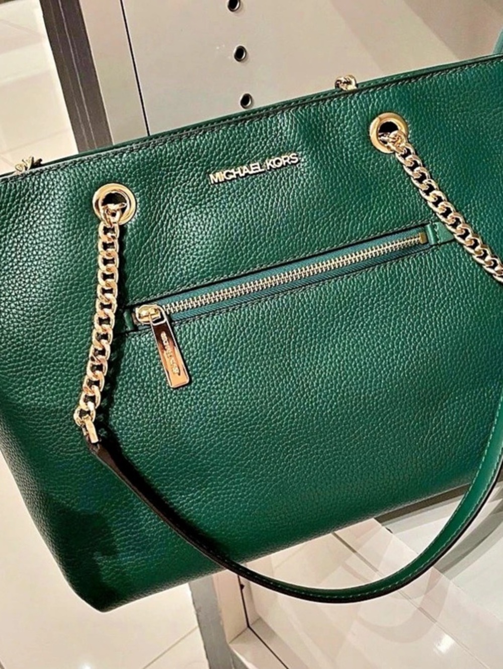 Michael Kors Jet Set Medium Front Zip Chain Tote - Green